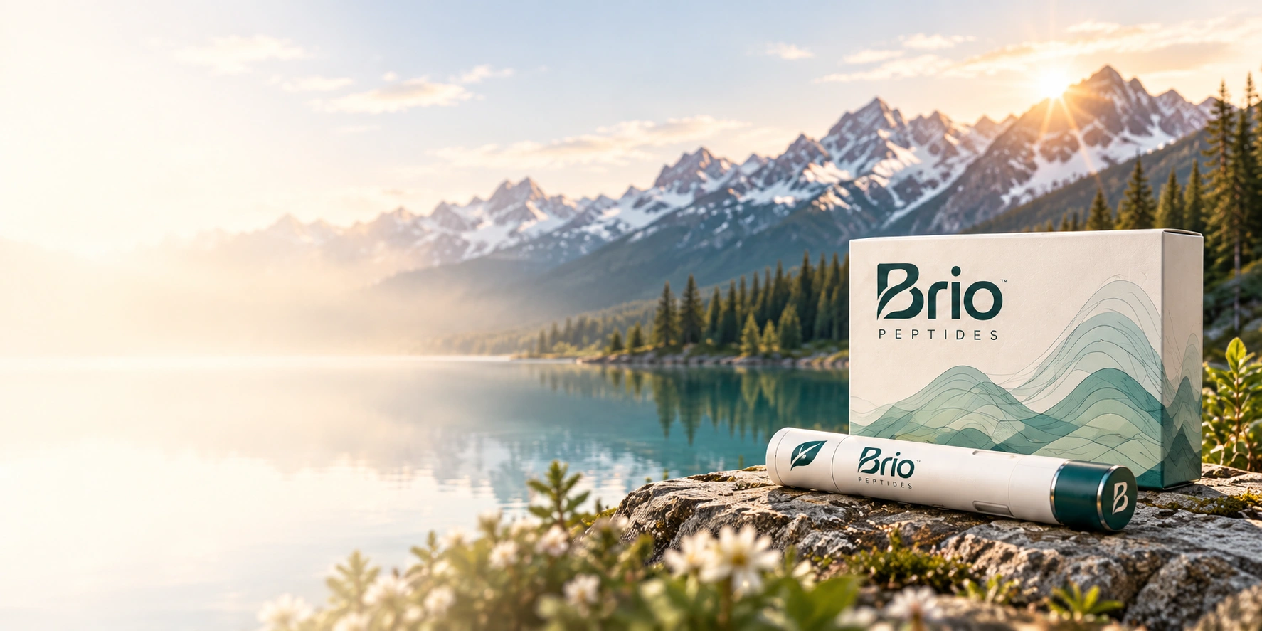 Brio packaging and pen beside an alpine lake in the Canadian mountains